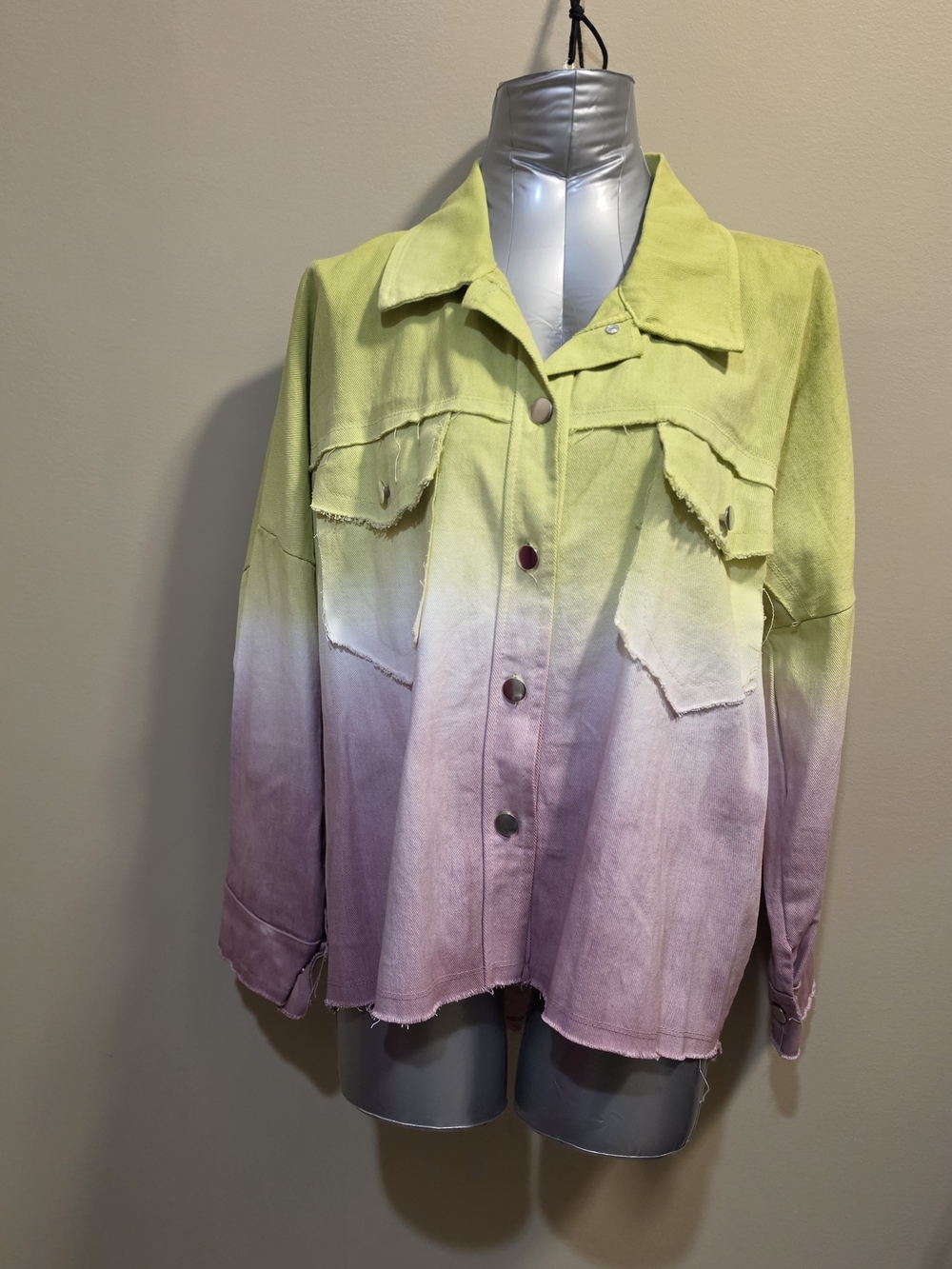 $80 Ombre Lime Green to Pink Denim Shacket Jacket OS